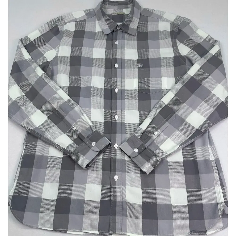 Burberry Brit Gray White Plaid Check Button Down Shirt Mens XL Equestrian Knight - Picture 2 of 14